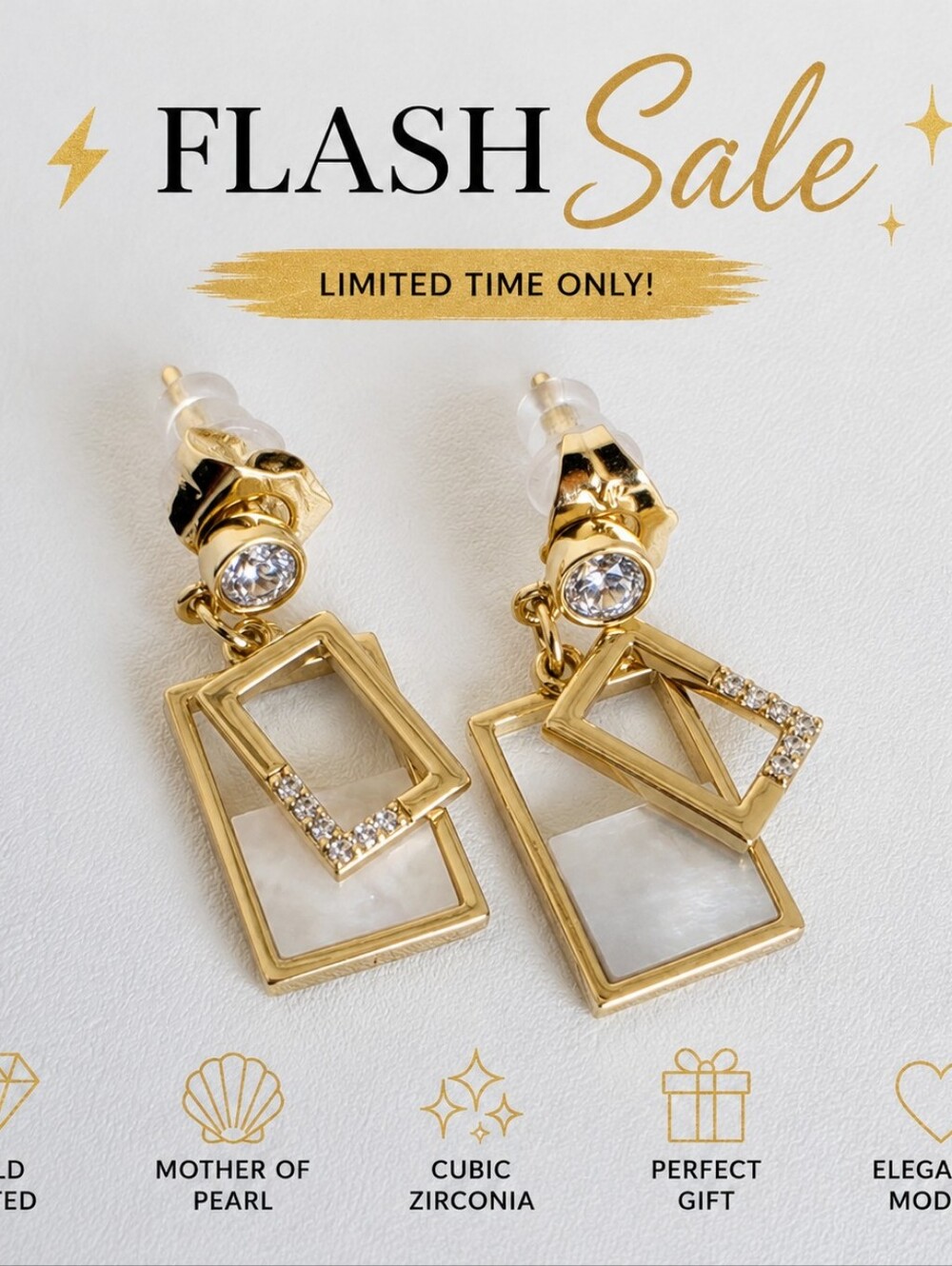 Gold Plated Mother of Pearl Geometric Drop Earrings CZ Dangle Statement